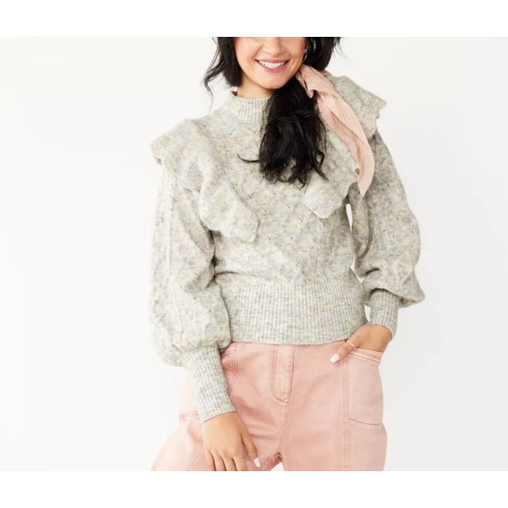 Juniors' SO® Ruffled Cable Stitch Spacedye Sweater Boho Coquette